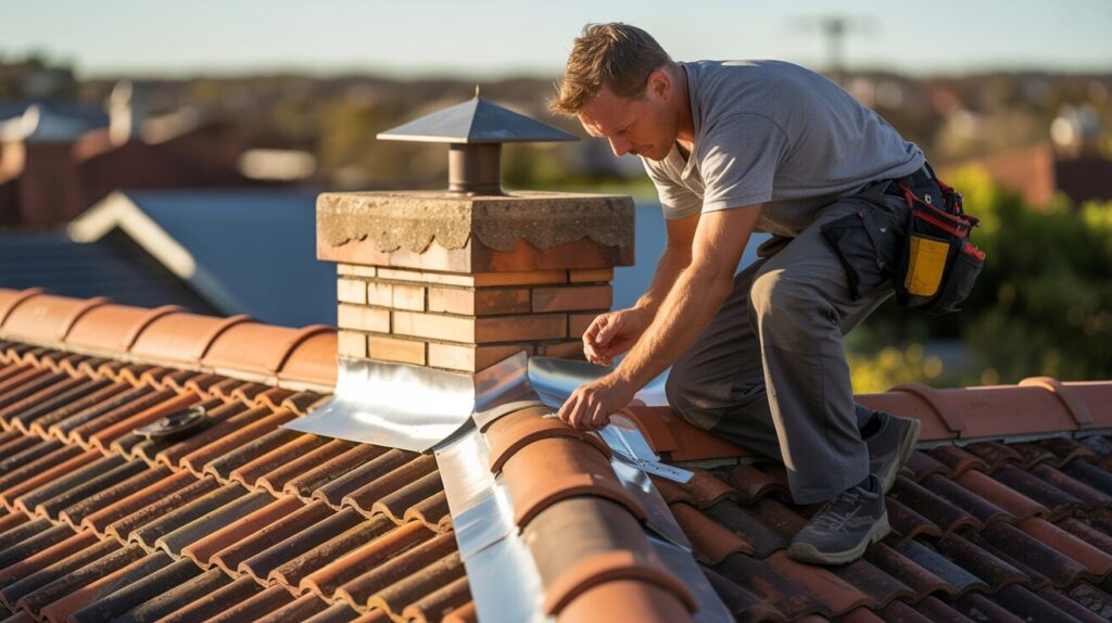 a photograph of a skilled roofer working