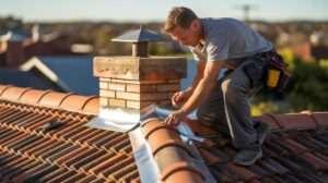 a photograph of a skilled roofer working